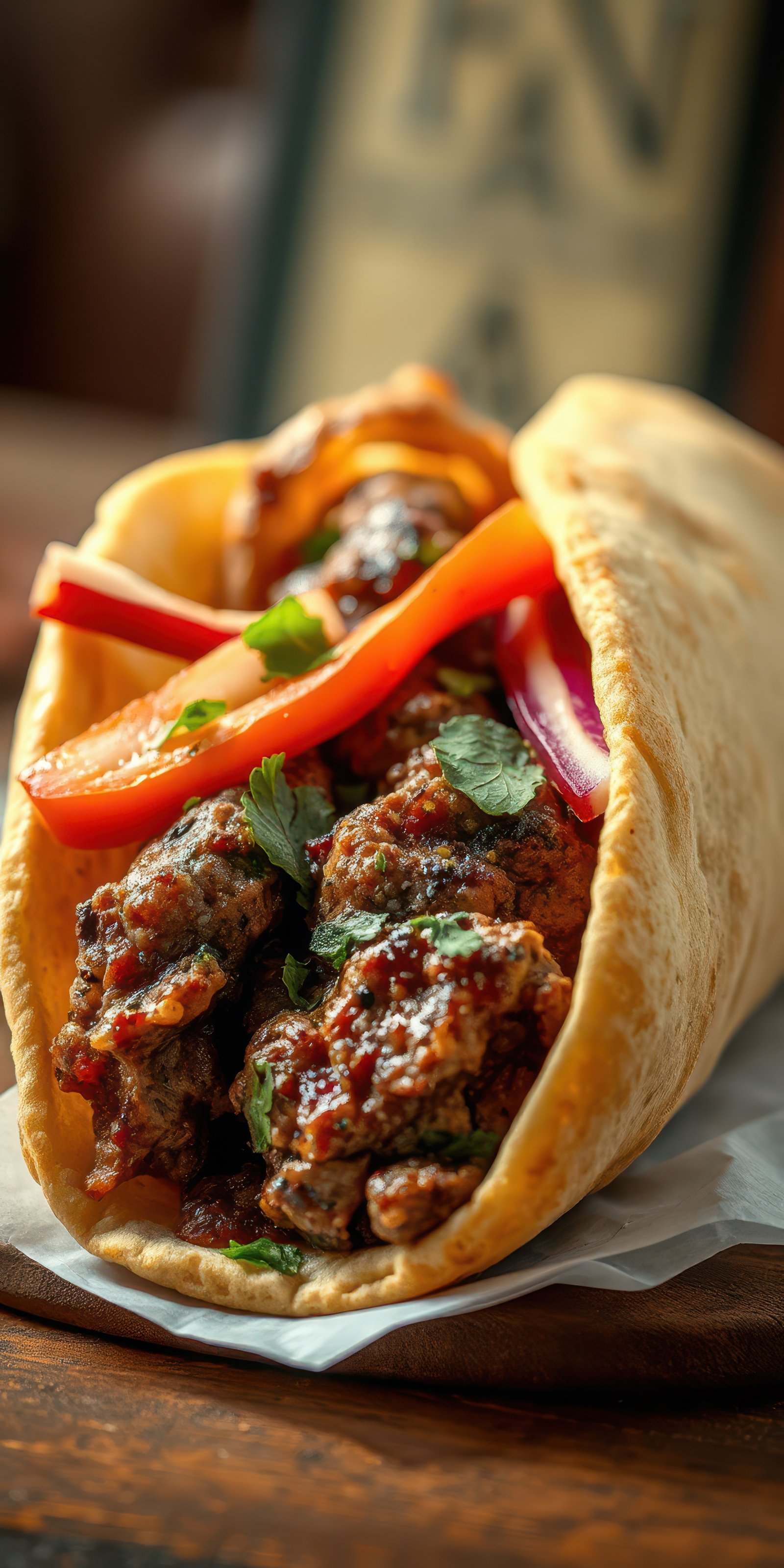 Freshly made wrap filled with savory meat and colorful vegetables in a cozy casual dining setting